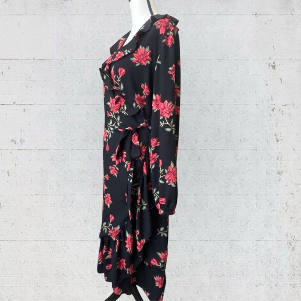 Draper James Black Floral Long Sleeve Ruffle Midi Wrap Dress Size XL Feminine - Picture 4 of 13